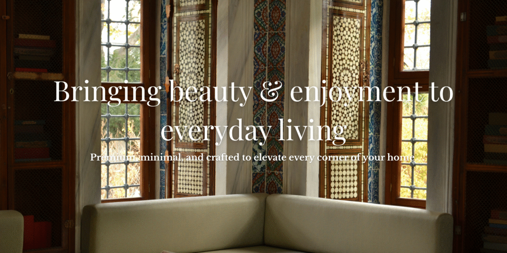 Luxury living room with ornate windows, warm wood shelves, and a minimalist cream sofa — premium home décor aesthetic.