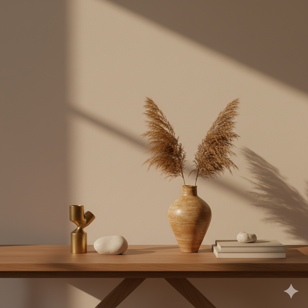 Minimal console or center table styled with one ceramic vase, 1–2 sculptural décor pieces, and a small stack of neutral books. Clean beige wall background. Premium Pinterest-friendly aesthetic, soft shadows, warm neutral tones, modern luxury home décor vibe.