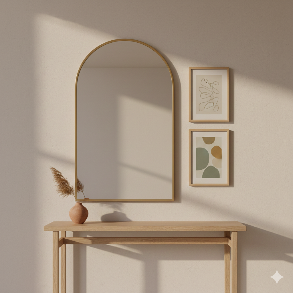 Ultra-clean beige/off-white wall décor setup featuring a large minimalist round or arch mirror OR 2–3 neutral-toned frames. Warm luxury vibe with soft shadows, Scandinavian + Indian modern home style. Add a slim console table with a small ceramic vase. High-end hotel aesthetic, warm tones, minimal and premium look.”