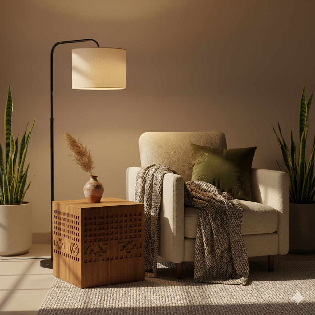 Warm-lit cozy corner of a modern Delhi-style apartment featuring a soft-glowing table lamp or sleek modern floor lamp. Warm ambient lighting (no white lights), placed on a wooden or beige side table. Minimal, premium, aesthetic home décor vibe with soft shadows and a calm, inviting atmosphere.