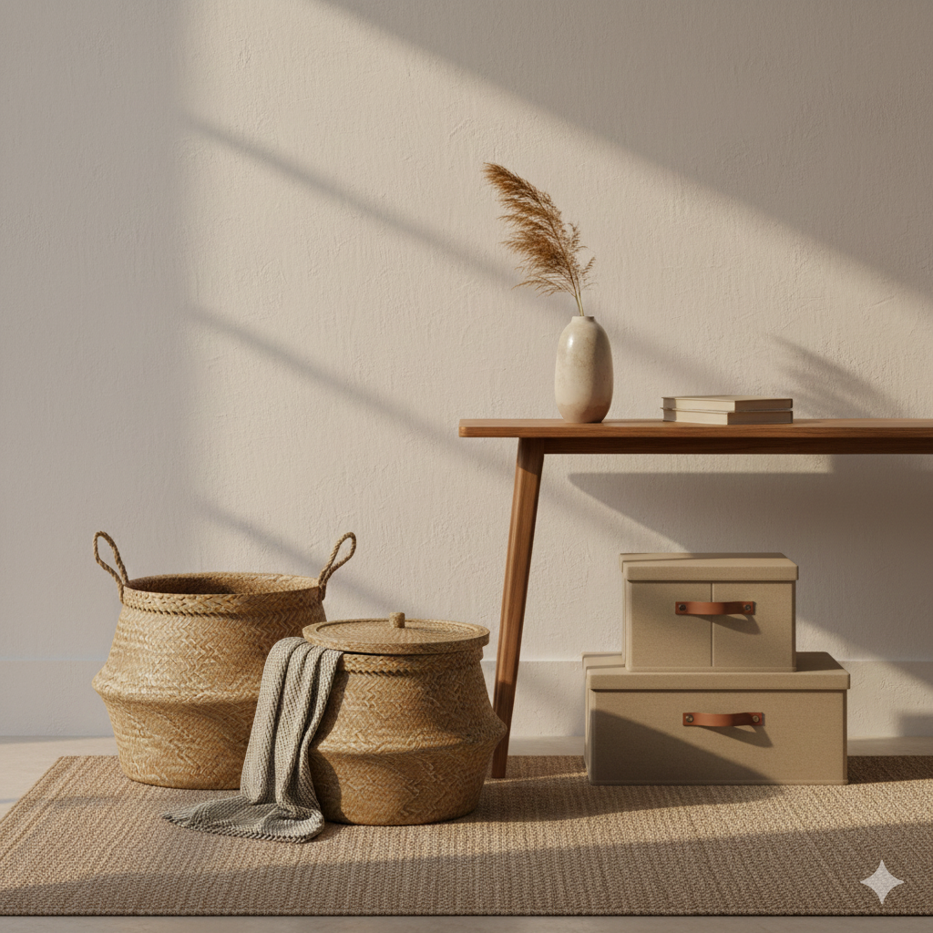“Clean modern home corner with woven jute or cane baskets and beige/white fabric storage boxes placed near a console table or against a neutral wall. Add a soft floor rug. Functional yet aesthetic Indian home vibe with warm tones, minimal styling, and premium décor aesthetics.”