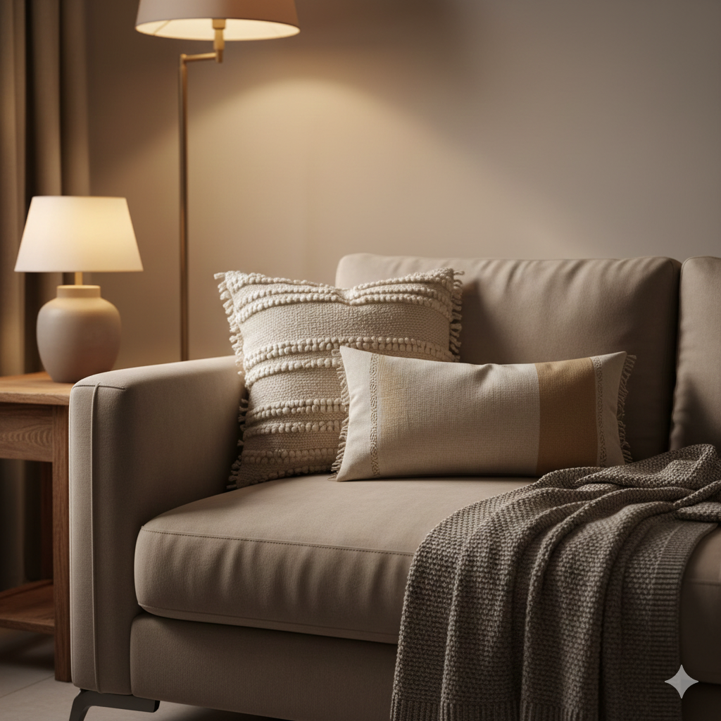 “Neutral-toned sofa or bed styled with 2–3 beige/white aesthetic cushions and a neatly folded muted beige or grey throw. Warm ambient lighting in the background. Soft, cozy, modern Indian home vibe with minimal, premium, Pinterest-style aesthetics.”