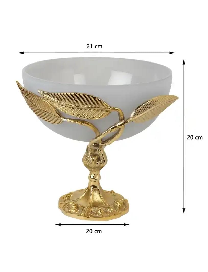 Grey & Gold Toned Glass Decorative Bowl With Metal Base