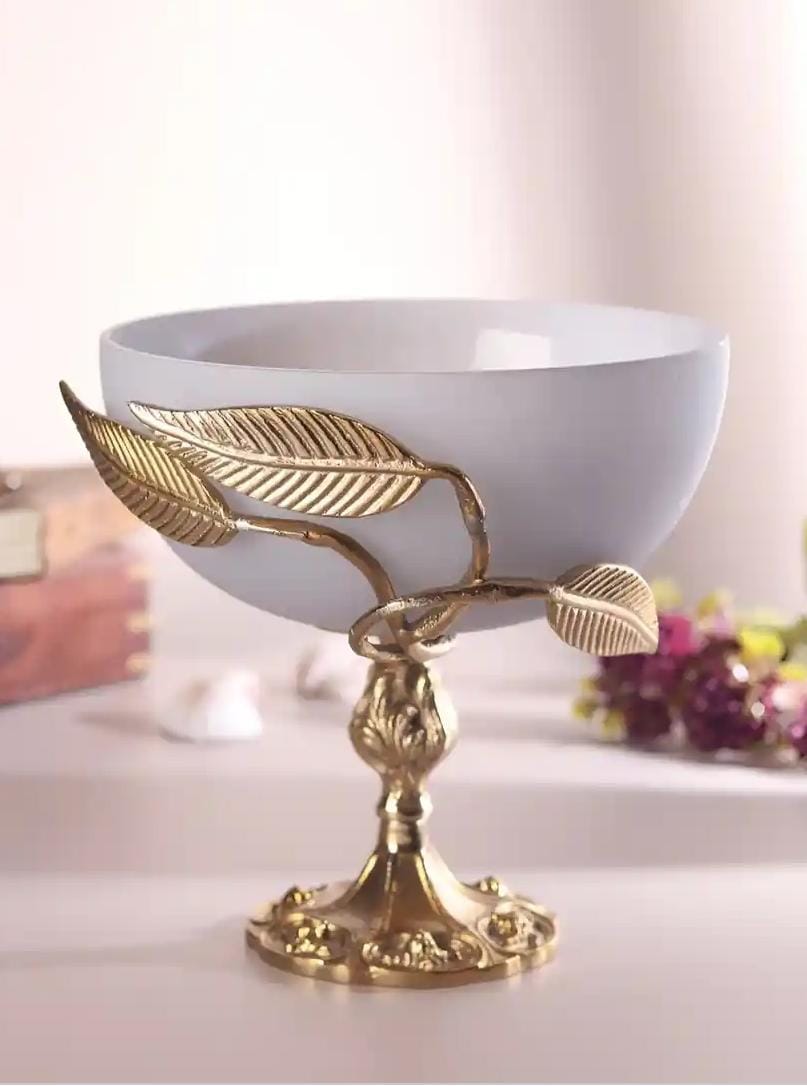Grey & Gold Toned Glass Decorative Bowl With Metal Base