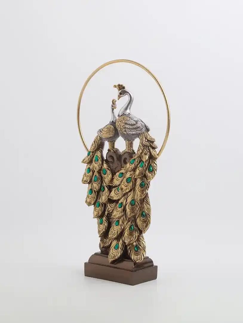 Golden Peacock With Metal Ring Figurine Showpiece