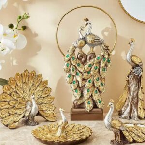 Golden Peacock With Metal Ring Figurine Showpiece