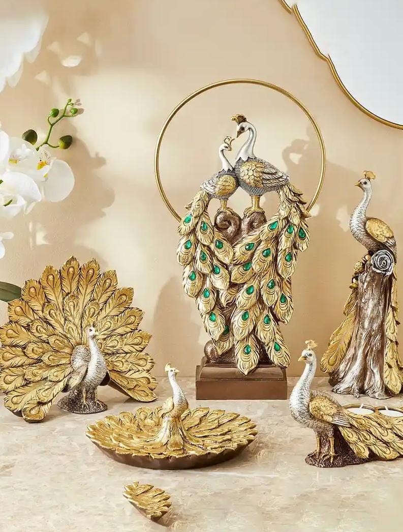 Golden Peacock With Metal Ring Figurine Showpiece