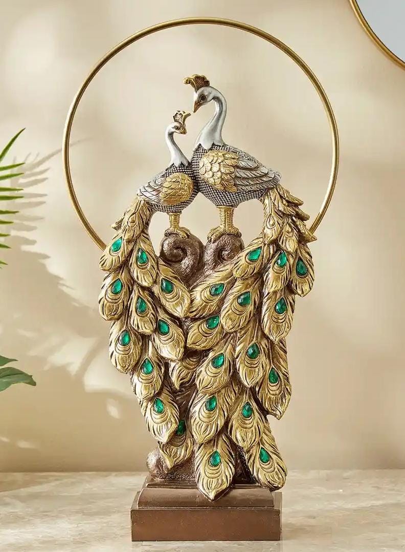 Golden Peacock With Metal Ring Figurine Showpiece