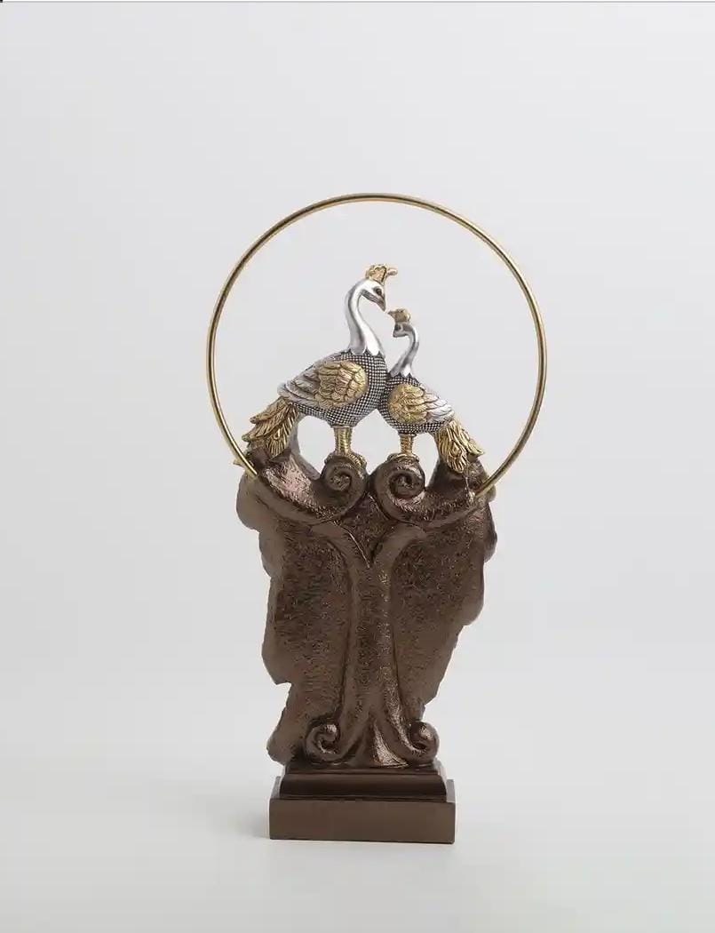Golden Peacock With Metal Ring Figurine Showpiece