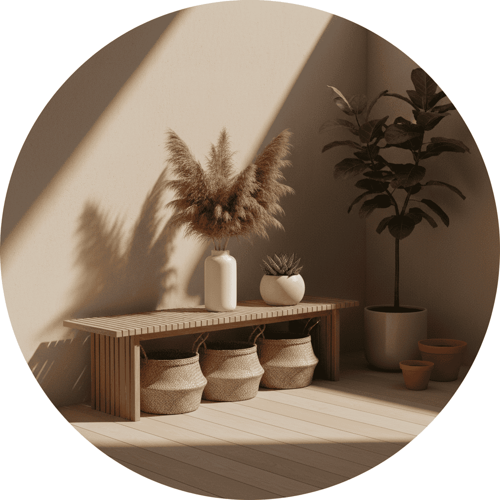 “Calm garden corner with woven baskets, wooden elements, and soft natural sunlight.”