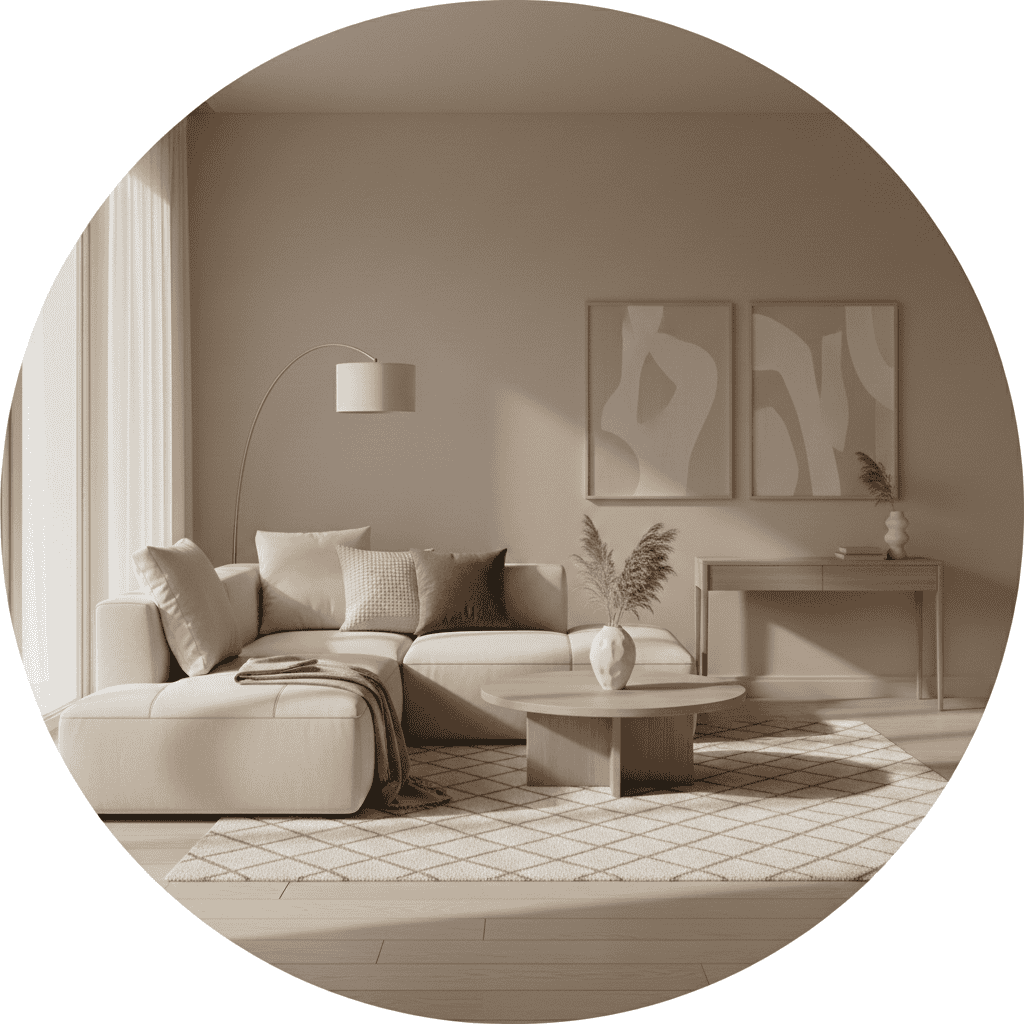 “Minimalist beige-toned living room with wooden decor and soft natural lighting.”