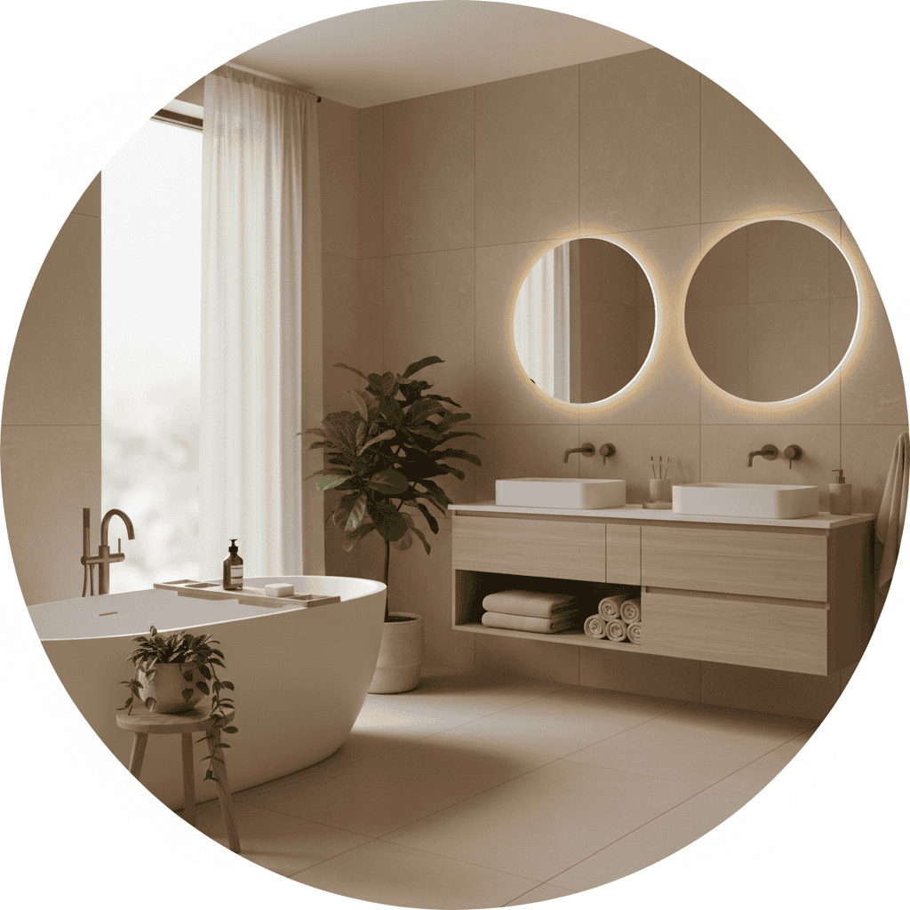 “Neutral modern bathroom with warm lighting, wooden accents, and spa-like decor.”