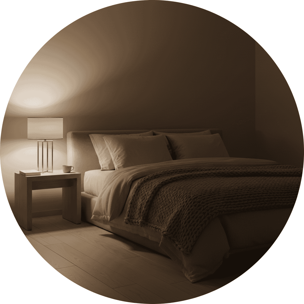 “Cozy minimalist bedroom with warm bedside lighting and neutral bedding.”